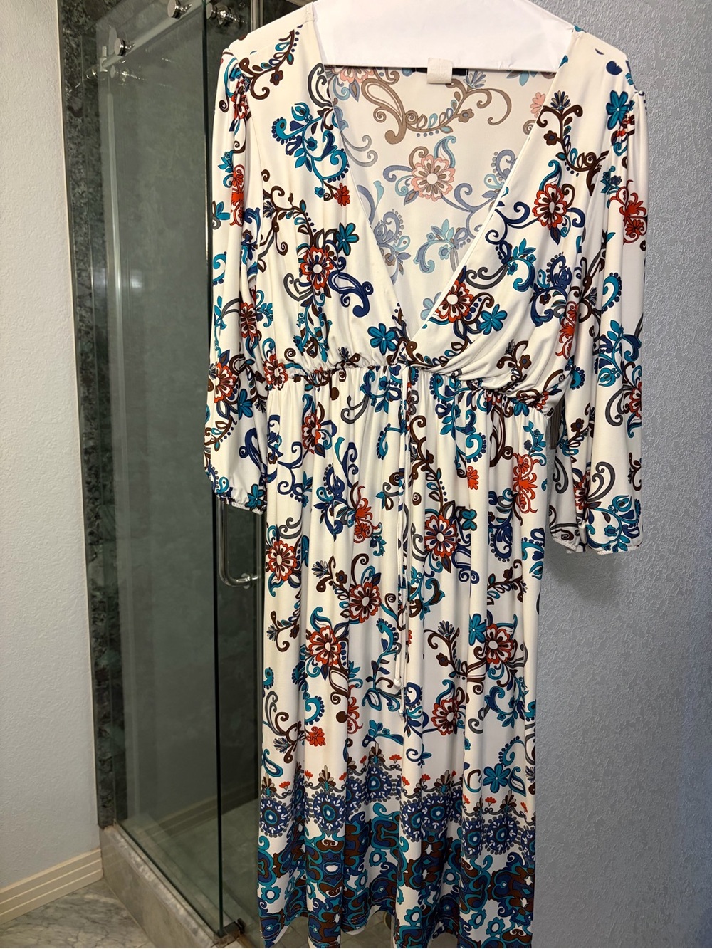 Floral Wrap Dress with Blue, Green & Rust Paisley Print